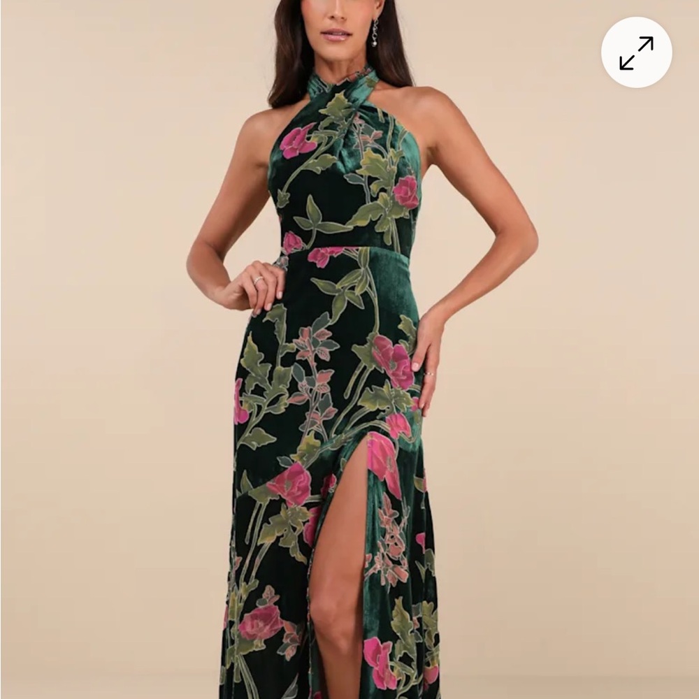 Lulu's Flawlessly Gorgeous Green Burnout Floral Halter Maxi Dress